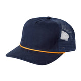 Navy blue cap with orange trim on a beige background