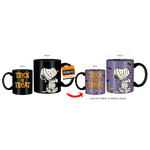 Heat-changing coffee mug featuring Snoopy and Woodstock as mummies for Halloween, also with Trick or Treat text.