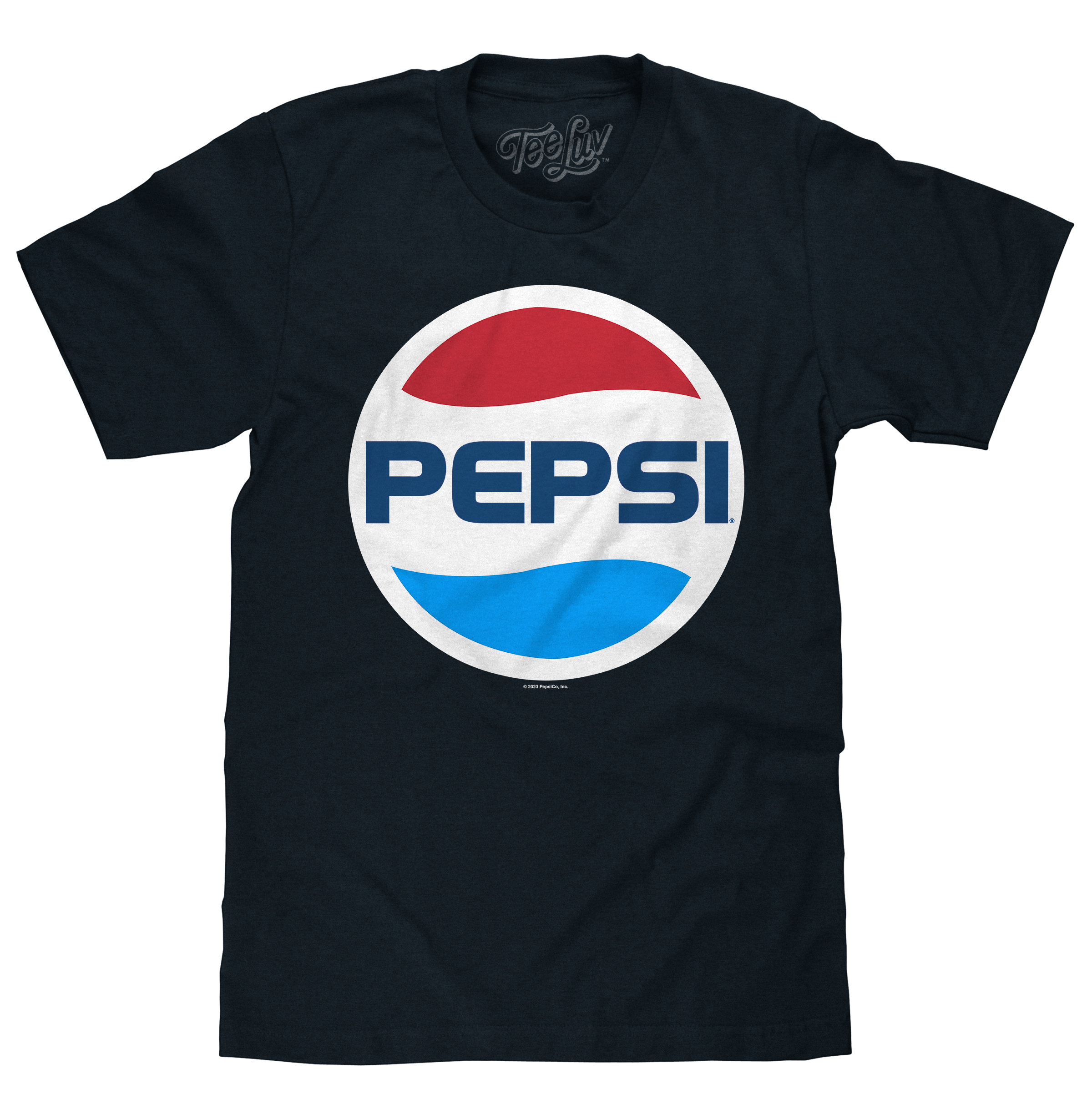 Navy t-shirt with the classic red, white, and blue Pepsi circle logo across the chest.