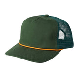 Green mesh cap with orange band on a beige background