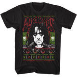 Black t-shirt featuring a knit-style Alice Cooper portrait with dripping red accents, skulls, spiders, and holiday sweater patterns.