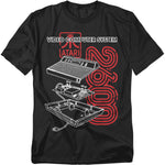 Black t-shirt featuring a white technical exploded-view diagram of the Atari 2600 console, with “Video Computer System” text above and a bold red Atari logo and “2600” graphic in the background.