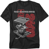 Black t-shirt featuring a white technical exploded-view diagram of the Atari 2600 console, with “Video Computer System” text above and a bold red Atari logo and “2600” graphic in the background.