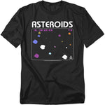 Black t-shirt with 'Asteroids' graphic design on a white background