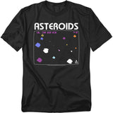 Black t-shirt with 'Asteroids' graphic design on a white background