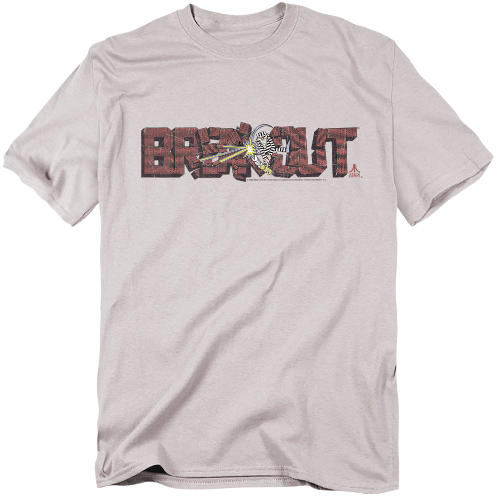 Light gray t-shirt featuring Atari’s Breakout logo styled as a brick wall with a ball smashing through, creating cracks and sparks in the design.