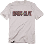 Light gray t-shirt featuring Atari’s Breakout logo styled as a brick wall with a ball smashing through, creating cracks and sparks in the design.