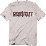 Light gray t-shirt featuring Atari’s Breakout logo styled as a brick wall with a ball smashing through, creating cracks and sparks in the design.