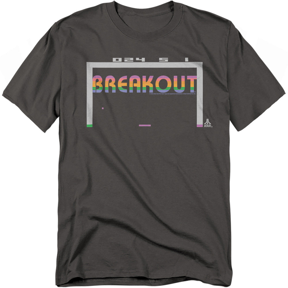 Charcoal gray t-shirt featuring Atari’s Breakout with a minimalist gameplay screen design, including the paddle, ball, and rainbow-styled block text logo across the center.