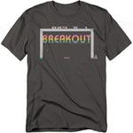 Charcoal gray t-shirt featuring Atari’s Breakout with a minimalist gameplay screen design, including the paddle, ball, and rainbow-styled block text logo across the center.
