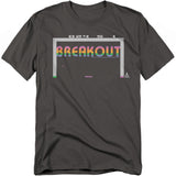 Charcoal gray t-shirt featuring Atari’s Breakout with a minimalist gameplay screen design, including the paddle, ball, and rainbow-styled block text logo across the center.
