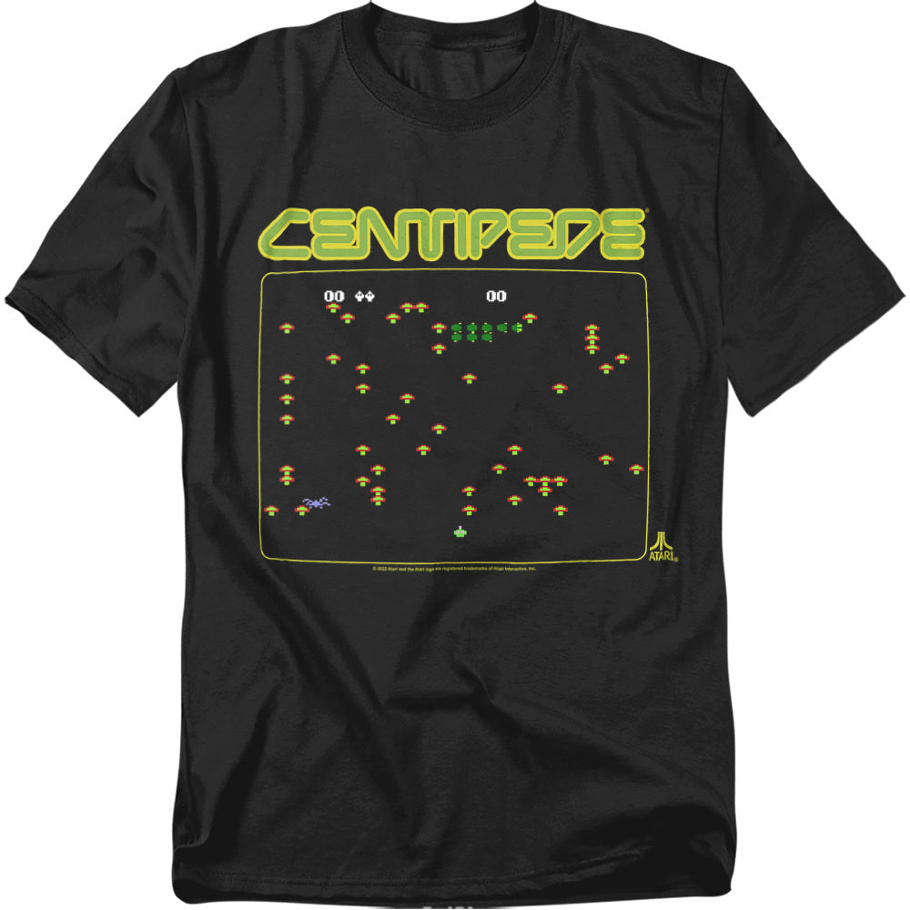 Black t-shirt featuring Atari’s Centipede with a full-screen arcade screenshot design, showing the player’s shooter at the bottom and pixelated centipede segments, mushrooms, and other enemies in bright neon colors.