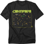 Black t-shirt featuring Atari’s Centipede with a full-screen arcade screenshot design, showing the player’s shooter at the bottom and pixelated centipede segments, mushrooms, and other enemies in bright neon colors.