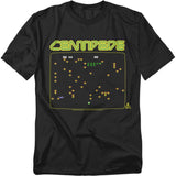 Black t-shirt featuring Atari’s Centipede with a full-screen arcade screenshot design, showing the player’s shooter at the bottom and pixelated centipede segments, mushrooms, and other enemies in bright neon colors.