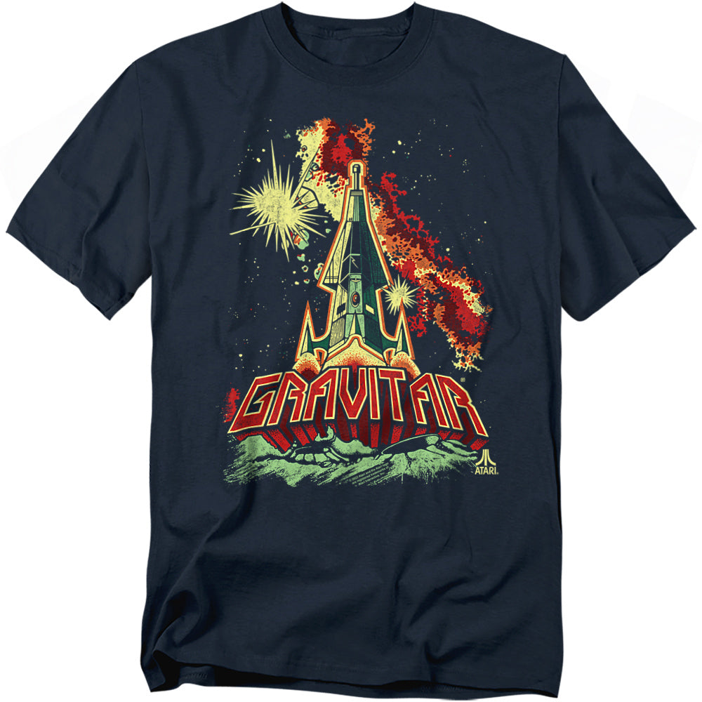 Navy blue t-shirt featuring Atari’s Gravitar logo in bold red letters, with classic arcade artwork of a futuristic rocket blasting off amid stars and explosions in outer space.