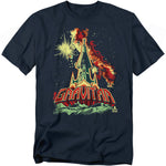 Navy blue t-shirt featuring Atari’s Gravitar logo in bold red letters, with classic arcade artwork of a futuristic rocket blasting off amid stars and explosions in outer space.