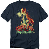 Navy blue t-shirt featuring Atari’s Gravitar logo in bold red letters, with classic arcade artwork of a futuristic rocket blasting off amid stars and explosions in outer space.