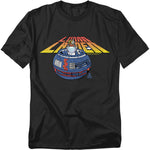 Black t-shirt featuring Atari’s Lunar Lander with vintage artwork of a spacecraft descending onto the moon, backed by bold retro text in gradient red-to-yellow.