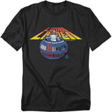 Black t-shirt featuring Atari’s Lunar Lander with vintage artwork of a spacecraft descending onto the moon, backed by bold retro text in gradient red-to-yellow.