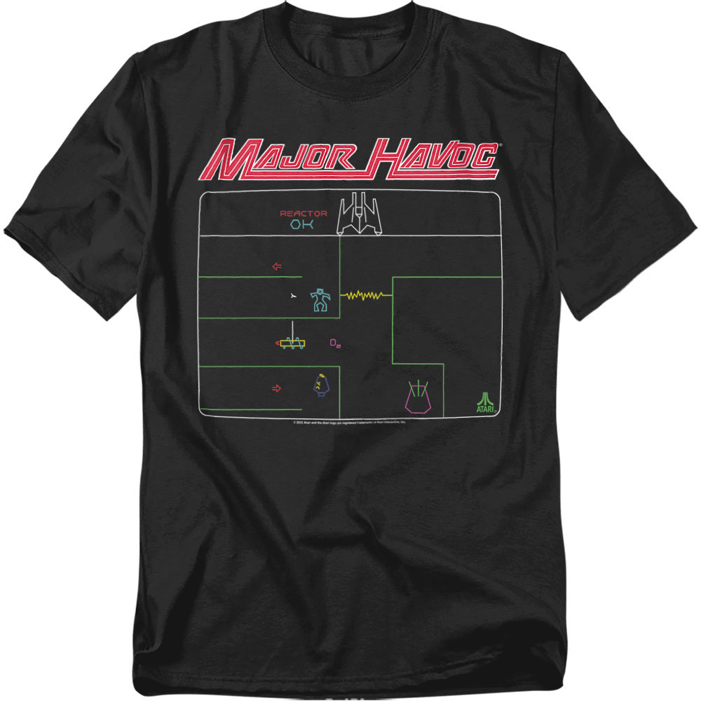 Black t-shirt featuring Atari’s Major Havoc with neon vector-style graphics of the game screen, including a spaceship, humanoid figure, and maze elements under the bold title logo.