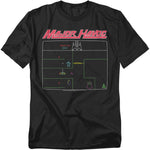 Black t-shirt featuring Atari’s Major Havoc with neon vector-style graphics of the game screen, including a spaceship, humanoid figure, and maze elements under the bold title logo.