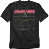 Black t-shirt featuring Atari’s Major Havoc with neon vector-style graphics of the game screen, including a spaceship, humanoid figure, and maze elements under the bold title logo.