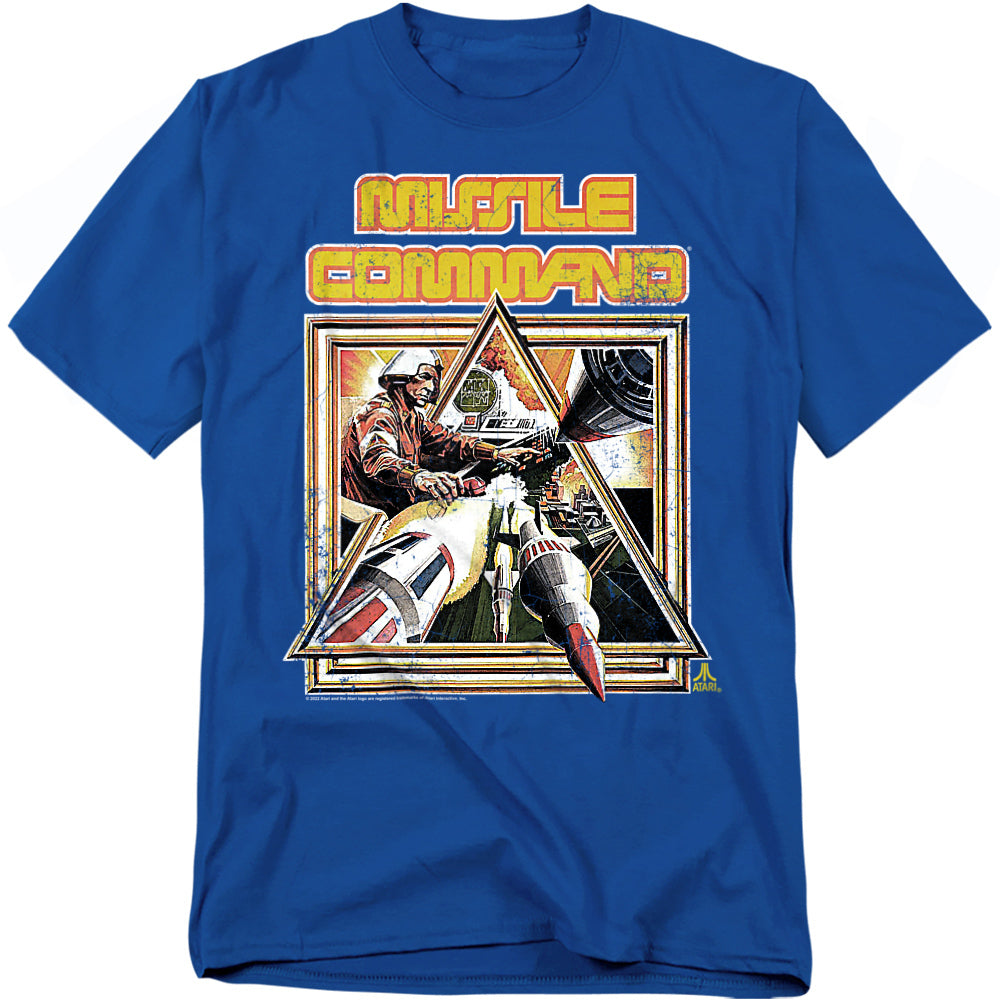Blue t-shirt featuring Atari’s Missile Command artwork with a bold retro design of a commander launching rockets, framed in a triangle with classic arcade-style lettering.