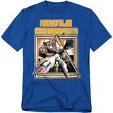 Blue t-shirt featuring Atari’s Missile Command artwork with a bold retro design of a commander launching rockets, framed in a triangle with classic arcade-style lettering.