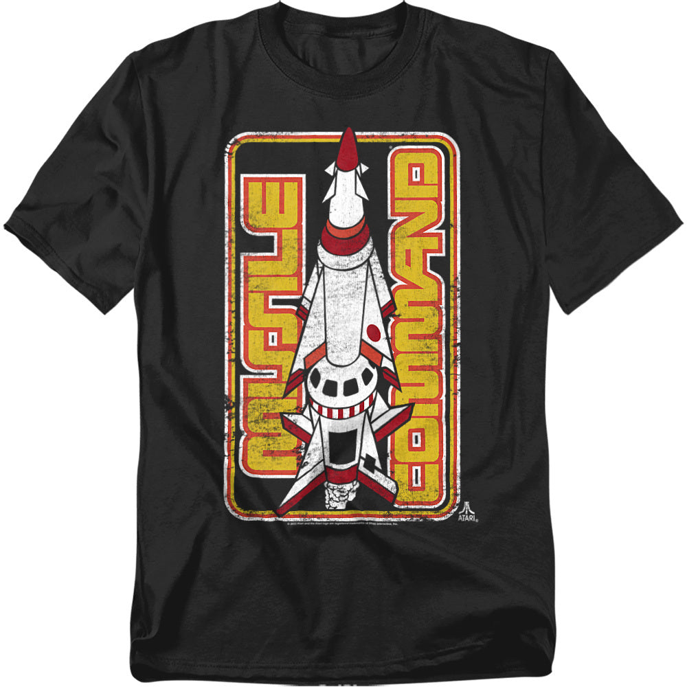 Black t-shirt featuring bold vintage-style artwork of a white and red rocket with the words “Missile Command” in retro block lettering along the sides.
