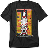 Black t-shirt featuring bold vintage-style artwork of a white and red rocket with the words “Missile Command” in retro block lettering along the sides.