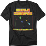 Black t-shirt featuring colorful pixel-style artwork from the classic Atari game Missile Command, with incoming missiles, explosions, and bases under attack. The bold yellow and red "Missile Command" logo sits above the game screen.