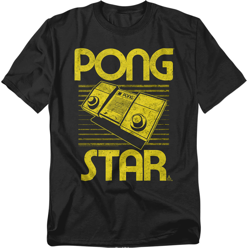 Black t-shirt with distressed yellow text reading “PONG STAR,” featuring a vintage Pong home console with dual paddle controllers in the center, framed by horizontal lines.