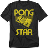 Black t-shirt with distressed yellow text reading “PONG STAR,” featuring a vintage Pong home console with dual paddle controllers in the center, framed by horizontal lines.