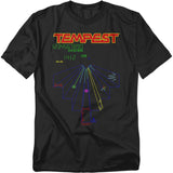 Black t-shirt with retro Tempest arcade screen graphic in neon vector colors with red Tempest logo at the top.