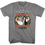 Heather gray t-shirt featuring Bill and Ted inside a Christmas wreath with the text “We Wish You a Most Excellent Christmas.”