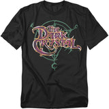 Black “The Dark Crystal” T-shirt featuring the film’s iconic logo in mystical purple and gold hues, surrounded by ancient runic symbols inspired by the fantasy world of Thra.