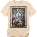 Beige “The Dark Crystal” t-shirt featuring an ornate fantasy illustration with the characters Jen and Kira framed inside a mystical circular design, with Aughra below and lightning striking a crystal above.