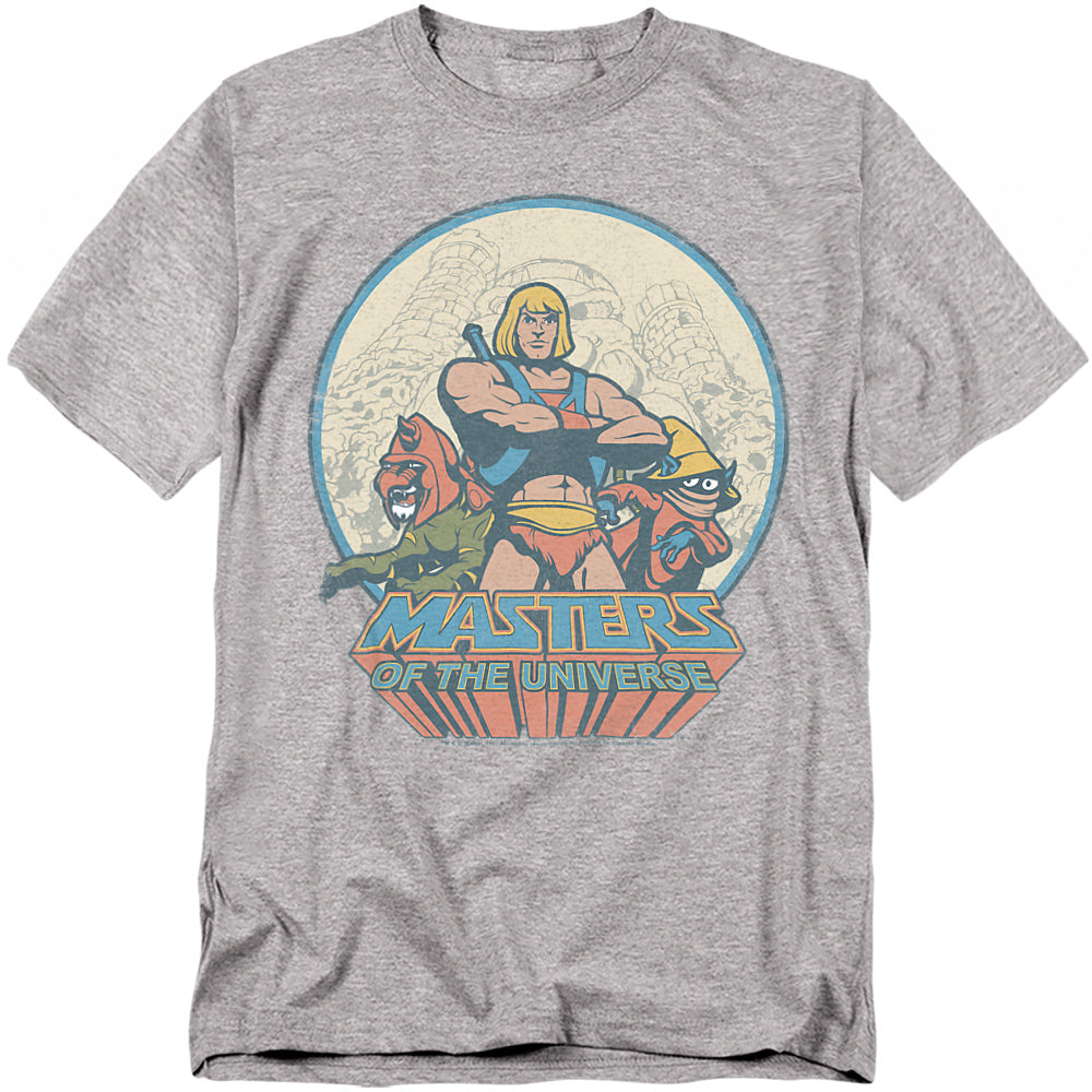 Grey Masters of the Universe t-shirt featuring He-Man standing proudly with Battle Cat and Orko, with Castle Grayskull in the background and the bold MOTU logo below.