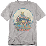 Grey Masters of the Universe t-shirt featuring He-Man standing proudly with Battle Cat and Orko, with Castle Grayskull in the background and the bold MOTU logo below.