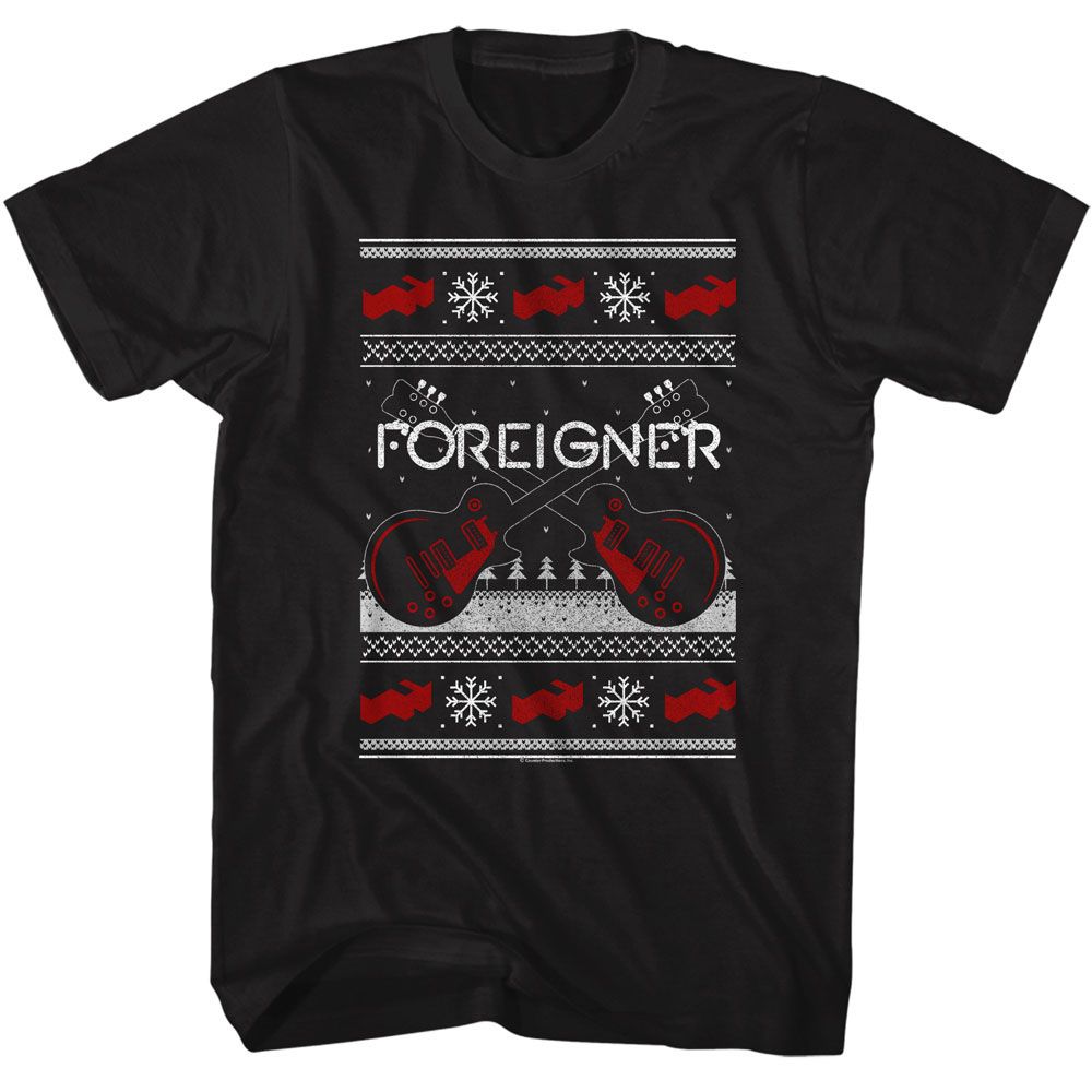 Black t-shirt featuring a knit-style Foreigner design with crossed red guitars, snowflakes, and holiday sweater patterns.
