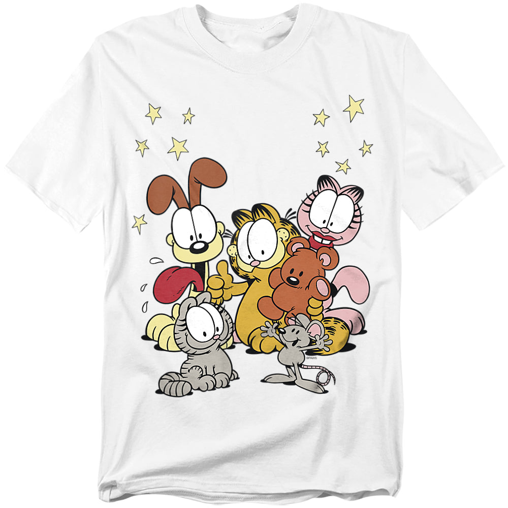White t-shirt featuring Garfield, Odie, Arlene, Nermal, Pooky the teddy bear, and a mouse under a scatter of stars in retro cartoon style.