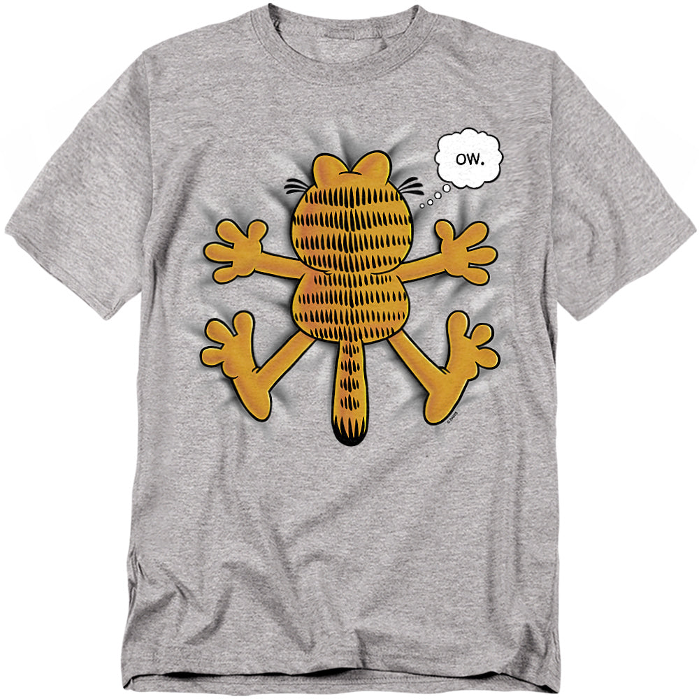 Gray t-shirt featuring Garfield splatted flat with arms and legs spread out and a thought bubble that reads “Ow.”