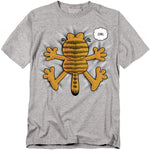Gray t-shirt featuring Garfield splatted flat with arms and legs spread out and a thought bubble that reads “Ow.”