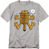Gray t-shirt featuring Garfield splatted flat with arms and legs spread out and a thought bubble that reads “Ow.”