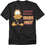 Black t-shirt featuring Garfield holding a trick-or-treat bag with the phrase “Ignore the Bag… Treats Only!” in bold Halloween lettering.