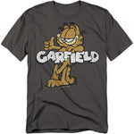 Dark gray t-shirt featuring Garfield giving a thumbs up with distressed white “Garfield” text across his body.