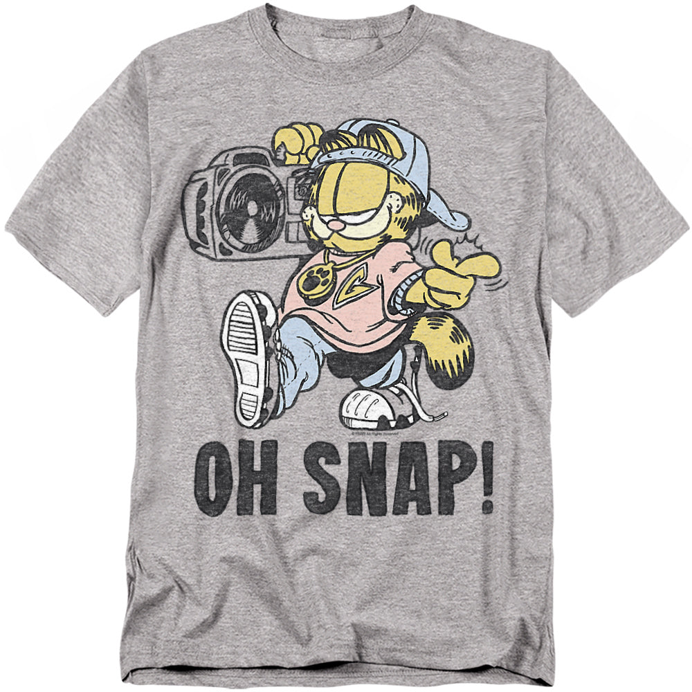 Heather gray t-shirt featuring Garfield dressed in hip-hop style with sneakers, cap, sunglasses, and a boombox, with the text “Oh Snap!” printed below.