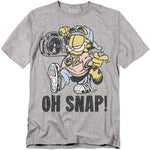 Heather gray t-shirt featuring Garfield dressed in hip-hop style with sneakers, cap, sunglasses, and a boombox, with the text “Oh Snap!” printed below.
