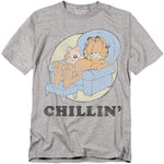 Gray t-shirt featuring Garfield lounging in a chair with Pooky the teddy bear and the word “Chillin’” below.