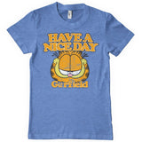 Blue t-shirt with Garfield graphic and 'Have a Nice Day Garfield' text on a white background